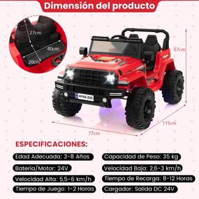 Carro Elétrico para Crianças de 2 Lugares com Bateria 24V com Controlo Remoto Bluetooth Música Luzes LED Vermelho