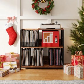 Armário para gira-discos de 3 níveis e para discos de vinil 83 x 36 x 76,5 cm com capacidade para 300 álbuns Mesa lateral com 3 divisórias Castanho