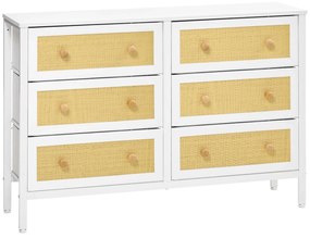 HOMCOM Cómoda Moderna com 6 Gavetas de Tecido Dobráveis  com Superfície de Vime PE e Estrutura de Aço 120x30x83 cm Branco