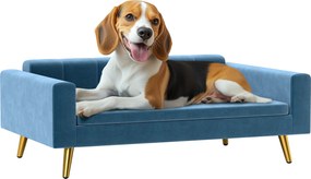 Sofá-cama para cães com design escandinavo, almofada macia, pés em metal dourado, 94 x 59,5 x 31,5 cm, veludo sedoso azul