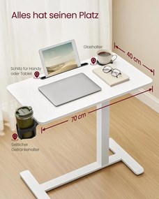 Mesa auxiliar móvel com altura ajustável e rodas 70 x 40 x 65-102 cm Branco