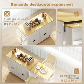 Carrinho,, Ilha de Cozinha com Rodas Tampo Extensível Carrinho de Cozinha com 4 Portas Prateleiras Ajustáveis Estante Lateral Aberta Branco