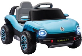 AIYAPLAY Carro Elétrico para Crianças acima de 3 Anos Volkswagen E-Buggy Bateria 12V com Controlo Remoto 2,4 G Rodas com Suspensão Faróis LED Música USB e Motor Duplo 98x56,5x47 cm Azul