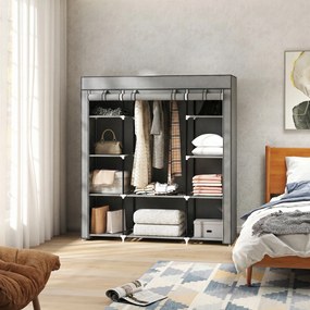 Guarda roupa dobrável em tecido, com barra para pendurar roupa e prateleiras, 150 x 43 x 162,5 cm, cinzento claro
