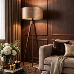 Candeeiro de Pé Tripé em Madeira de Nogueira com Abajur de Veludo Crocodilo 50cm - Tripod Classic