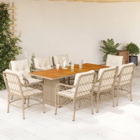 vidaXL 9 pcs conjunto de jantar p/ jardim com almofadões vime PE bege