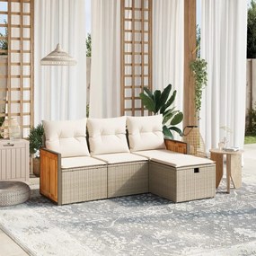 4 pcs conjunto de sofás para jardim c/ almofadões vime PE bege