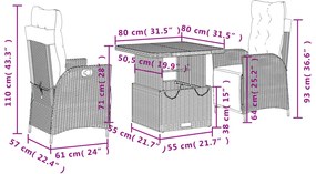 3 pcs conjunto de jantar p/ jardim com almofadões vime PE bege
