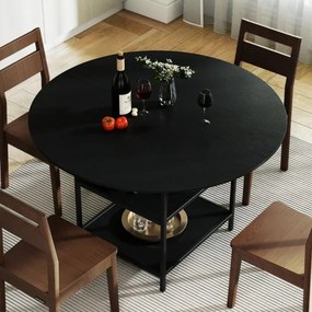 Mesa de Jantar Redonda 120 CM para 4-6 Pessoas de Cozinha Estilo Rústico com Estante Aberta de 2 Níveis Estrutura Metálica Preta