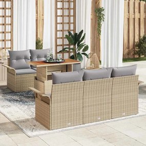 vidaXL Conjunto de Sofá de Jardim de 6 Peças com Almofadas Bege Rattan Polímero Acácia