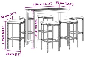 7 pcs conjunto de bar p/ jardim acácia maciça/vime PE cinzento