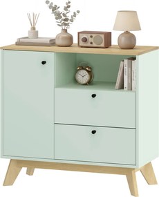 Aparador de sala 80 (L) x 35 (P) x 76,3 (A) cm, móvel de arrumação com porta, 2 gavetas, compartimento aberto e prateleira ajustável, verde claro e co