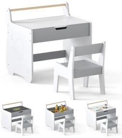 Conjunto de mesa e cadeira infantil de madeira 2 em 1 para crianças com tabuleiro removível, cinzento e branco