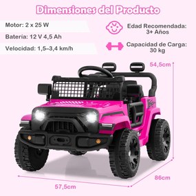 Carro elétrico para crianças 12V com comando à distância, volante, painel musical, buzina, faróis, espelhos rebatíveis e 4 rodas cor-de-rosa