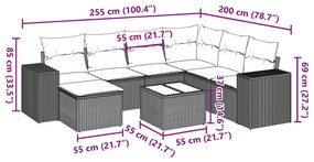 8 pcs conjunto sofás de jardim c/ almofadões vime PE castanho