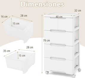 Armário de armazenamento 40 x 32 x 79 cm com 4 gavetas Rodas universais e traváveis Recipiente de armazenamento de plástico branco