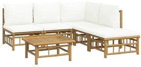 6 pcs conjunto lounge de jardim bambu c/ almofadões branco nata