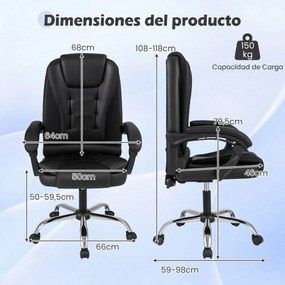 Cadeira de Escritório Executiva, 66 x 59-98 x 108-118 cm, Ajustável e Reclinável, Preto