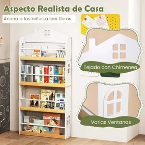 Estante infantil desenho Casa 61 x 15 x 130 cm com 4 níveis com barreiras antiqueda e barra metálica Branco e Natural