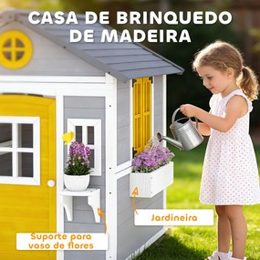 Casa de Madeira Infantil com Porta Janelas Floreiras e Prateleiras Casa de Brincar de Madeira 112x126x135 cm Cinzento