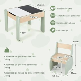 Conjunto de mesa e cadeiras infantil de 3 peças com arrumação e quadro removível para sala de jogos e creche verde