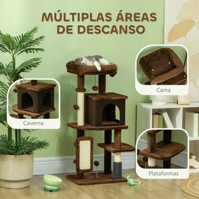 Arranhador para Gatos Grande Altura 104 cm com Plataformas Postes com Escova Bolas Suspensas e Almofadas para Arranhar Castanho e branco creme