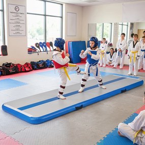 Colchão de ginástica insuflável com bomba elétrica 297 x 98 x 11 cm, saco de transporte e remendo de reparação portátil para fitness e ioga, azul
