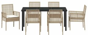 Conjunto de Jantar com 7 Peças e Almofadas Bege Rattan Sintético