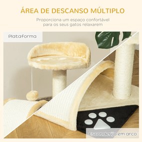 Árvore Arranhador para Gatos de 2 Níveis com Poste e Tapete de Arranhar Cama e Bola Suspensa 35,5x37x46 cm Bege