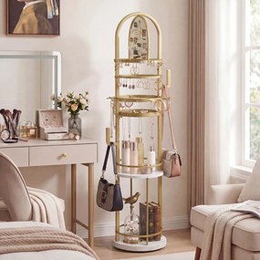 Organizador giratório 360º 33 x 33 x 148 cm com cabides e prateleiras para joias e carteiras Branco e Dourado