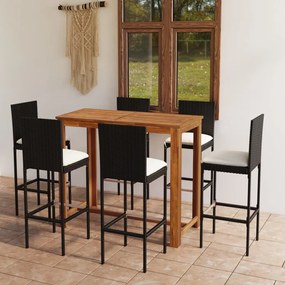 vidaXL 7 pcs conjunto de bar para jardim com almofadões preto