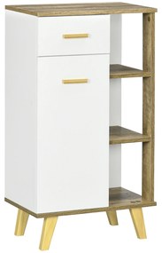 kleankin Armário Auxiliar Casa de Banho Armário Multiuso com Gaveta 1 Porta e 3 Prateleiras Laterais 50x30x89cm Branco e Madeira | Aosom Portugal