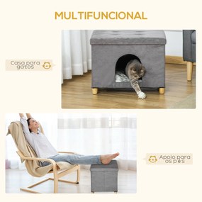 Caverna para Gatos Dobrável 2 em 1 Banco para Apoio dos Pés com Tampa Removível Orifício 60x45x44,5cm Cinza