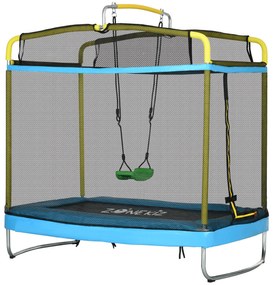 ZONEKIZ Trampolim para Crianças 3 em 1 com Superfície de Salto 160x92 cm Rede de Segurança Barra Horizontal e Baloiço Azul | Aosom Portugal