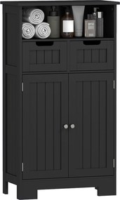 Móvel baixo de casa de banho com vários compartimentos, 2 gavetas, armário de duas portas com prateleira, preto