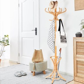 Cabide de pé estilo árvore com pés de madeira para pendurar casacos. Inclui suporte para guarda-chuvas natural