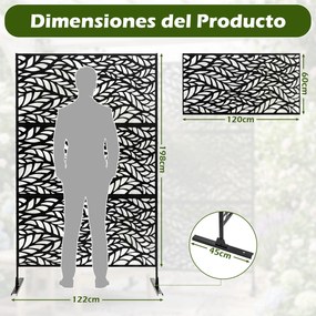 Biombo de Privacidade com Motivo de Folhas, 123 x 45 x 198,5 cm, Estrutura em Metal Galvanizado, Preto