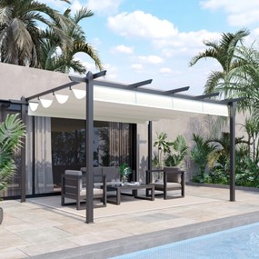 Outsunny Pérgola de Alumínio 4x3 Pérgola de Jardim com Teto Retrátil Tecido de Poliéster e 8 Orifícios de Drenagem para Pátio Terraço Exterior Creme