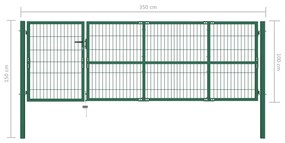 Portão p/ cerca de jardim com postes 350x100 cm aço verde