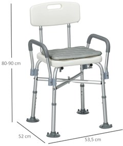 Cadeira de Duche para Idosos com Encosto Apoios de Braço Altura Ajustável Almofada Acolchoada Removível  53,5x52x80-90 cm Branco