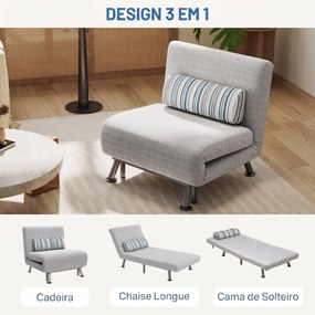 Sofá-Cama Individual Dobrável com Encosto Ajustável 5 Posições, Almofada e Revestimento em Linho Sintético, 75x70x75 cm, Cinzento