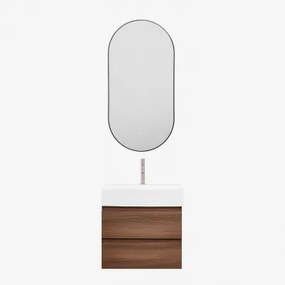Conjunto De Móvel De Casa De Banho Em Madeira E Chapa De Freixo Com Lavatório Integrado Ona Madeira Escura & Ovale Led E Antifog Preto - Sklum