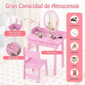 Conjunto de Toucador de Maquilhagem para Raparigas com Banco e Espelho Iluminado 2 Cores Iluminação LED Organizador de Jóias e Gaveta Rosa