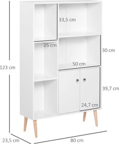 Estante escandinava, móvel de arrumação, 80 x 23,5 x 123 cm, 5 compartimentos abertos, armário com 2 portas, pés cónicos inclinados, madeira maciça, p