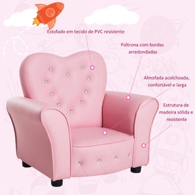 Sofá Infantil para Crianças em Forma de Coração com Assento Apoio para os Braços Acolchoados Encosto Alto 59x41,5x49cm Rosa
