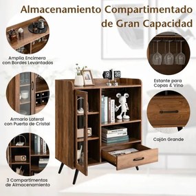 Garrafeira para vinhos Armário para licores com porta e gaveta Estante para vinhos e suporte para copos para cozinha Bar castanho 80 x 40 x 95 cm cast