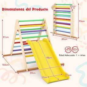 Conjunto de escalada triangular dobrável com escorrega para crianças e barras de madeira de faia Ginásio de interior multicolorido