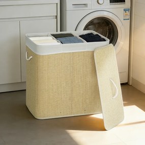 Cesto de Roupa Suja com Tampa 144L de Bambu com 3 Compartimentos 60x40x60 cm Creme