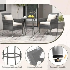 Conjunto de jardim de 3 peças de rattan PE com almofadas e mesa em vidro temperado para varanda, jardim, relvado, pátio cinzento e Bege