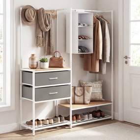 Guarda roupa aberto 138 x 35 x 161 cm com 2 gavetas dobráveis, estantes abertas, 3 ganchos, bolsa e 3 cubos organizadores Natural, branco